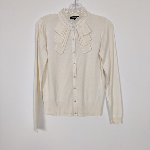 Dérique Women's Button Up Cardigan Blouse Size M Cream Ruffle Rayon Cotton Knit - Picture 1 of 7